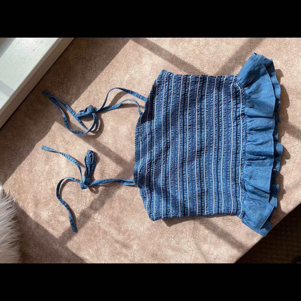 Cropped blue tie tube top
